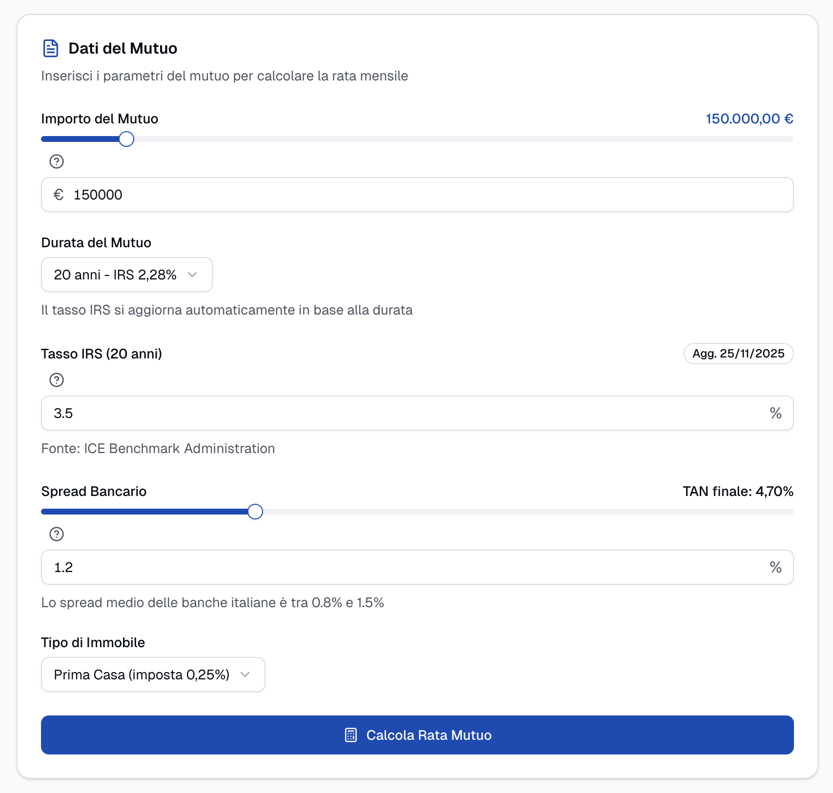 Interfaccia del calcolatore mutuo tasso fisso - inserimento dati