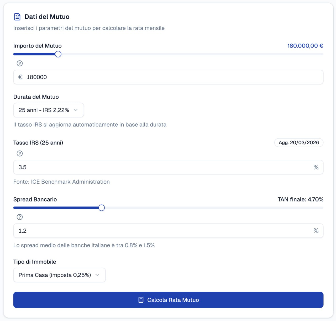 Simulatore mutuo - inserimento dati